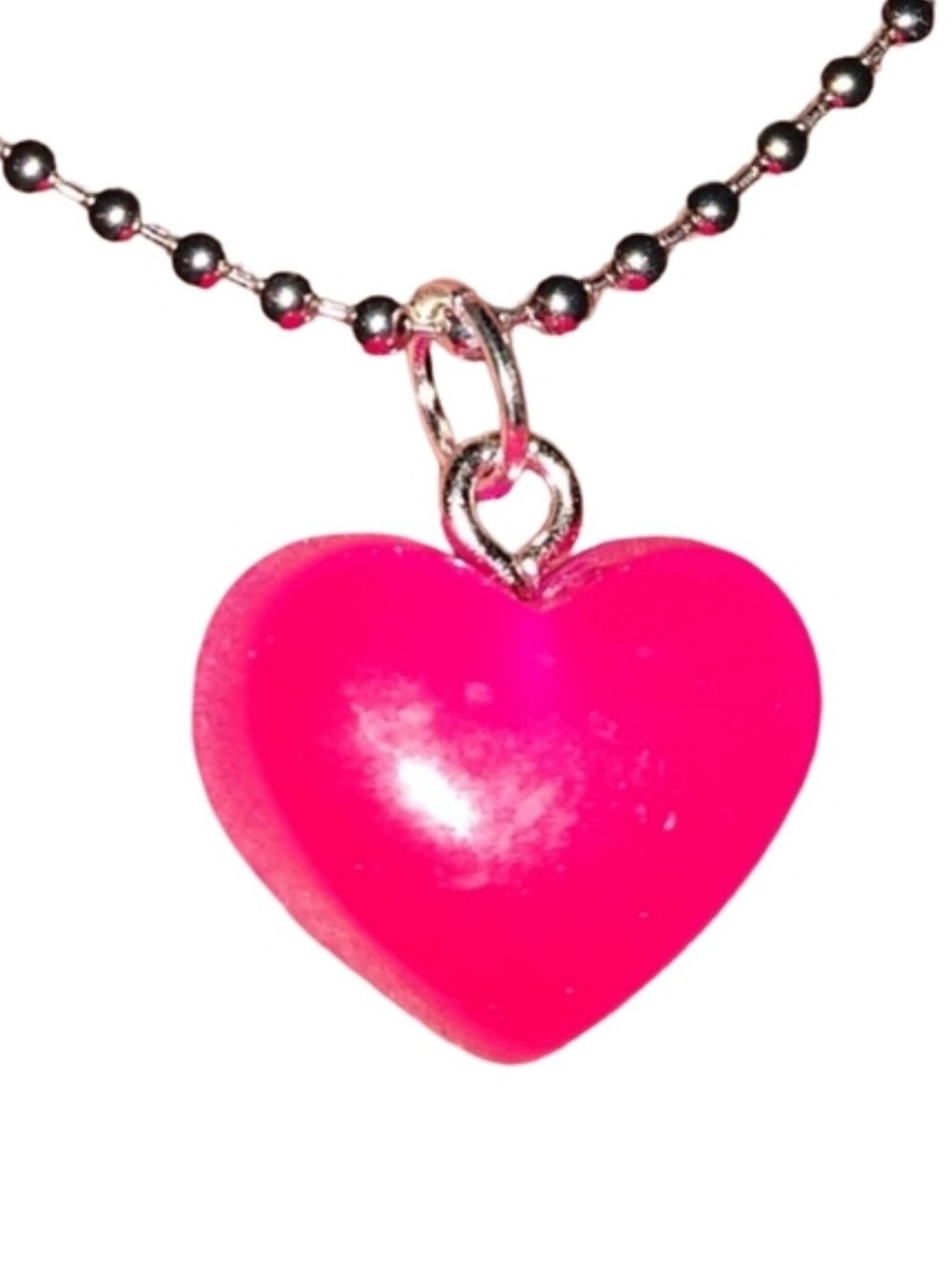 Hot Pink Candy Heart Silver Necklace 80s Heart Pendant Choker or Long Ball Chain